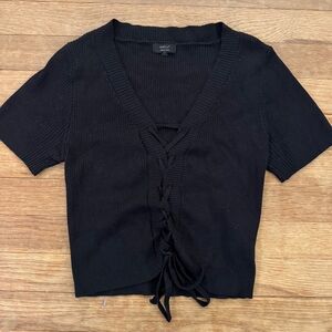 Debut black youth crop top V-neck sweater cardigan tie waist shirt top size M/L